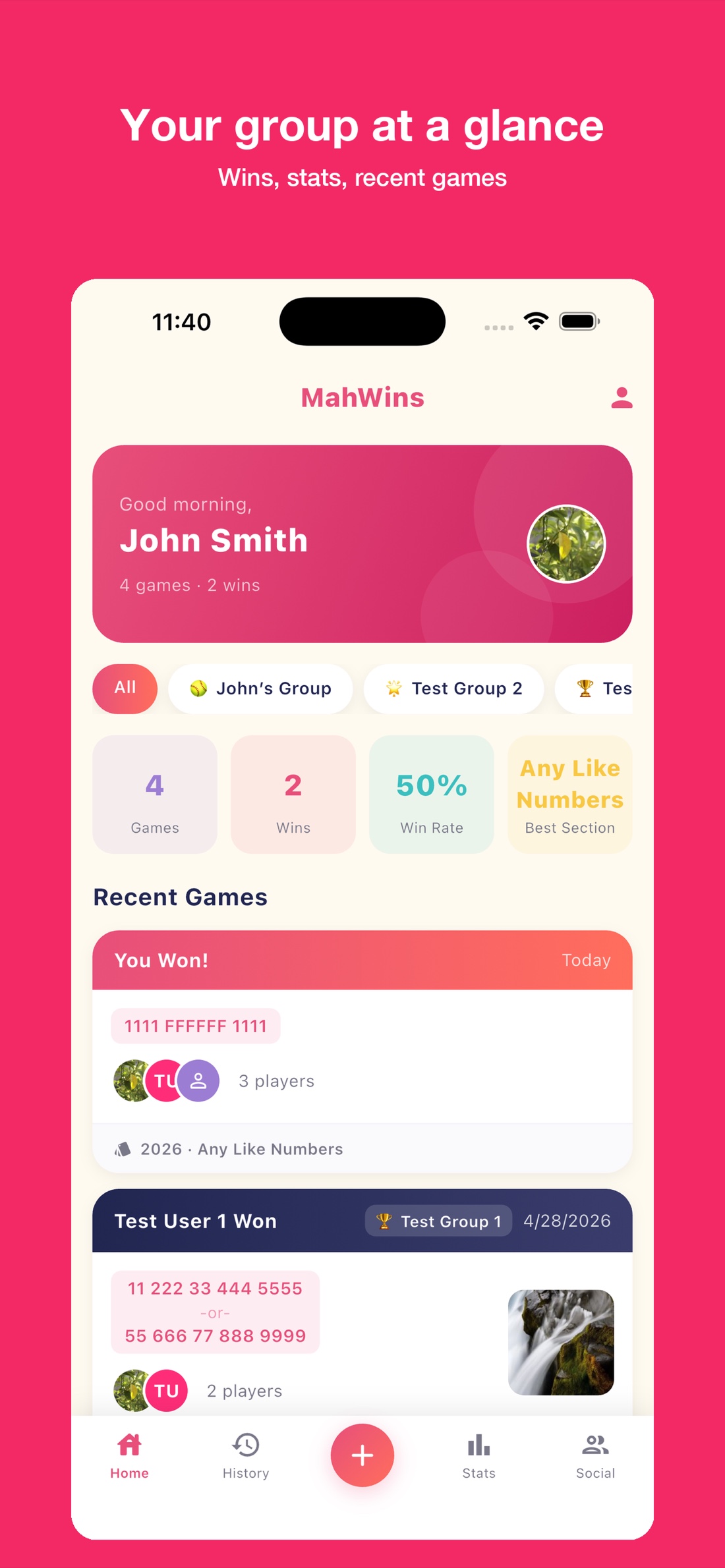 MahWins home dashboard: stats, recent games, and groups at a glance.