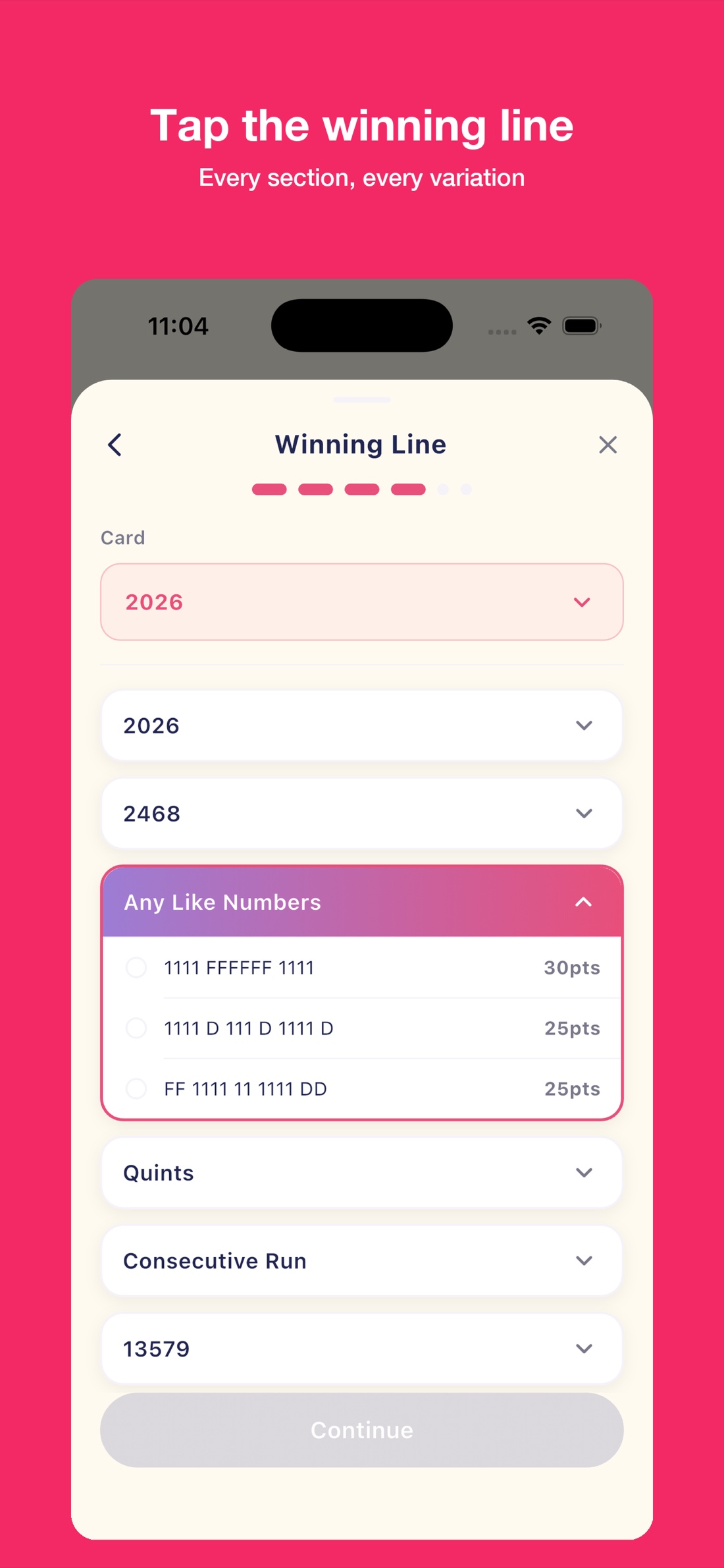 Log a game: tap the winning line across every section and variation.