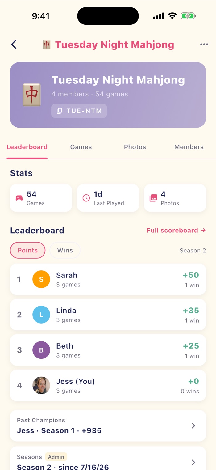 Group leaderboard: season standings that update themselves.