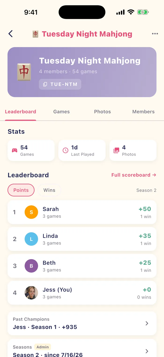MahWins app showing a group's season leaderboard