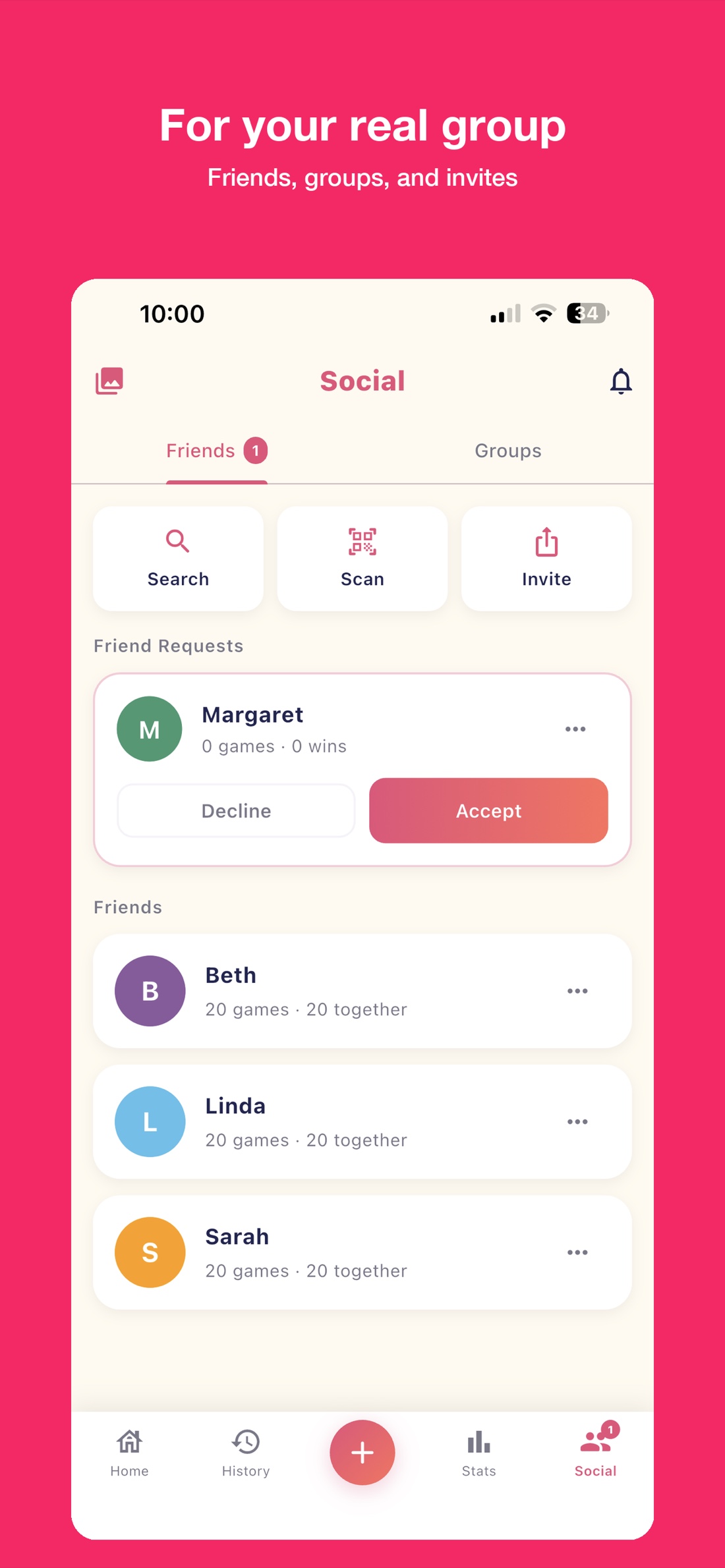 Social: friends, friend requests, search, scan QR codes, and invite links.