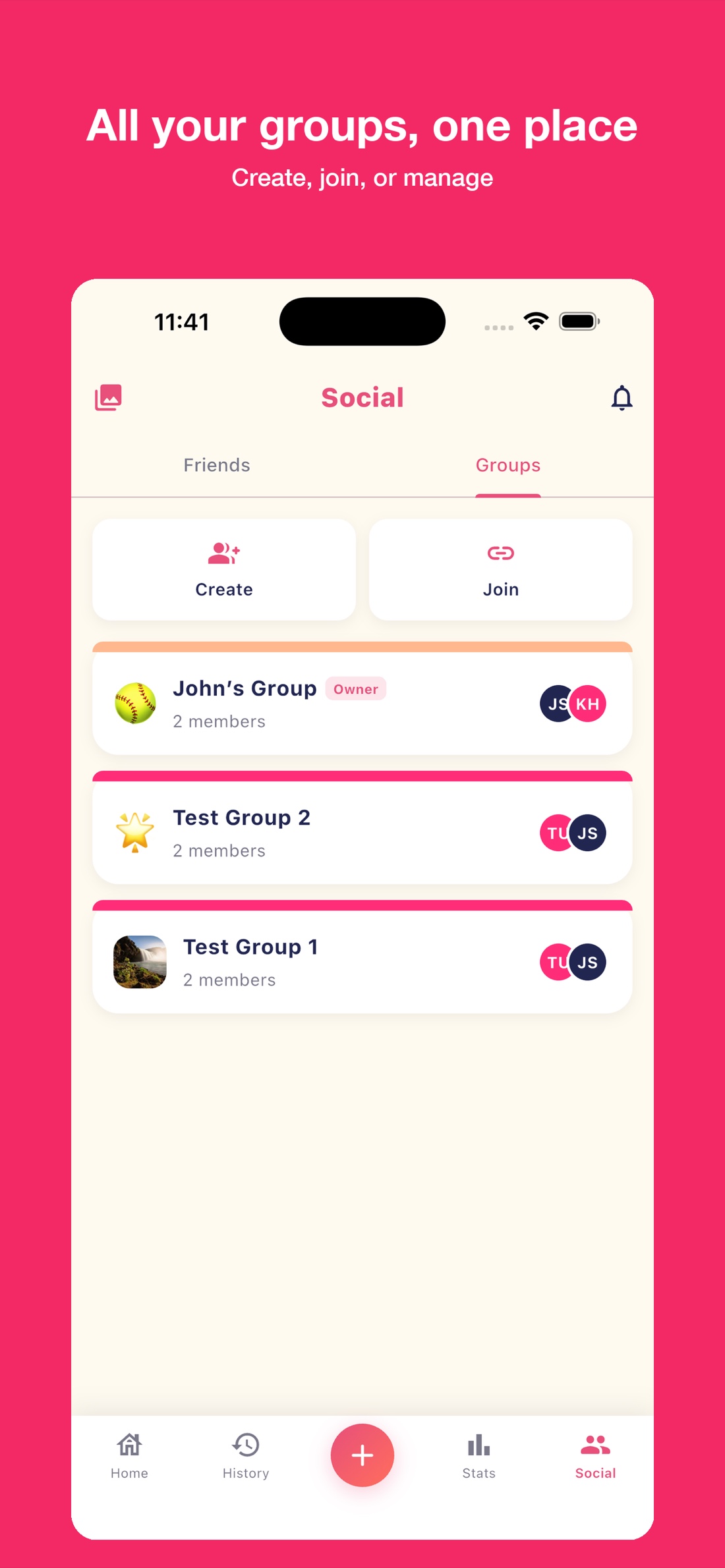 Groups: all your groups in one place — create, join, or manage.